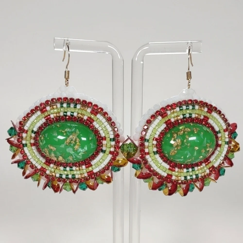 Handmade Beaded Oval With Green Accents Christmas Themed Fishhook Post Earrings